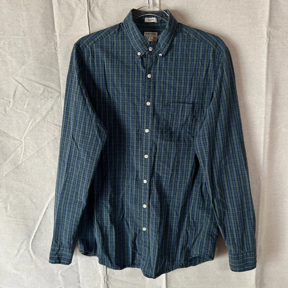 J.Crew Mens MT Secret Wash Stretch Organic Cotton Plaid Button Down Shirt‎ Green